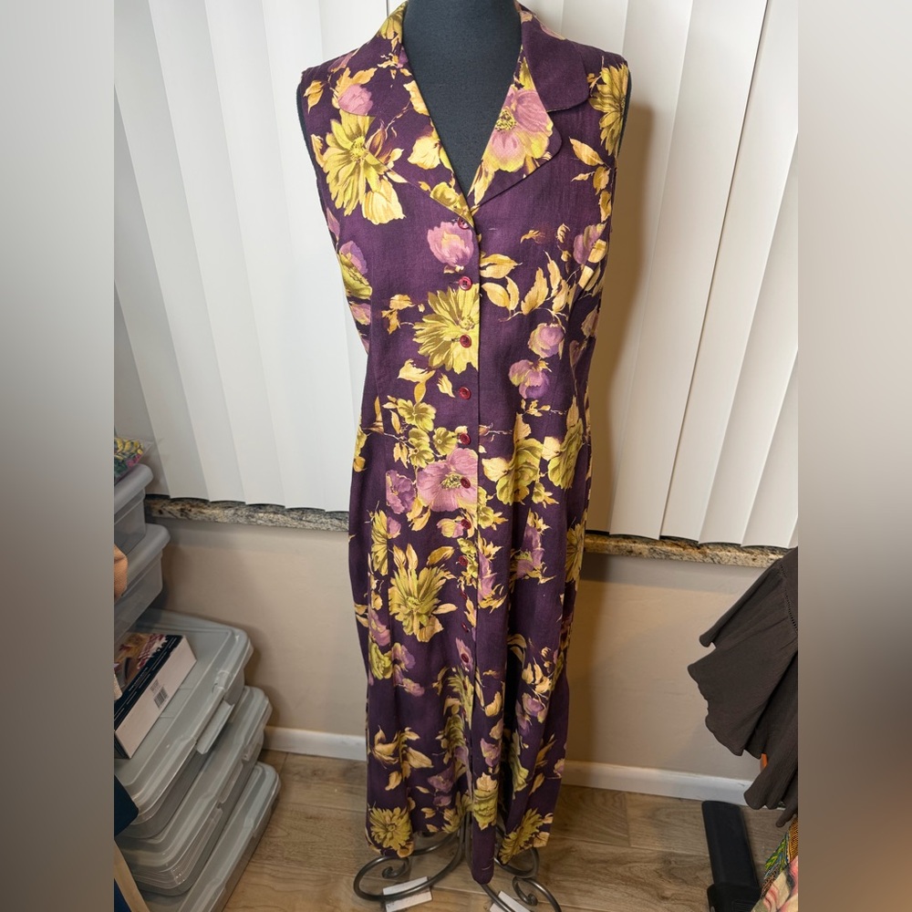 Marisa Christina Linen Blend Purple Yellow Floral Button Down Maxi Dress Size 12